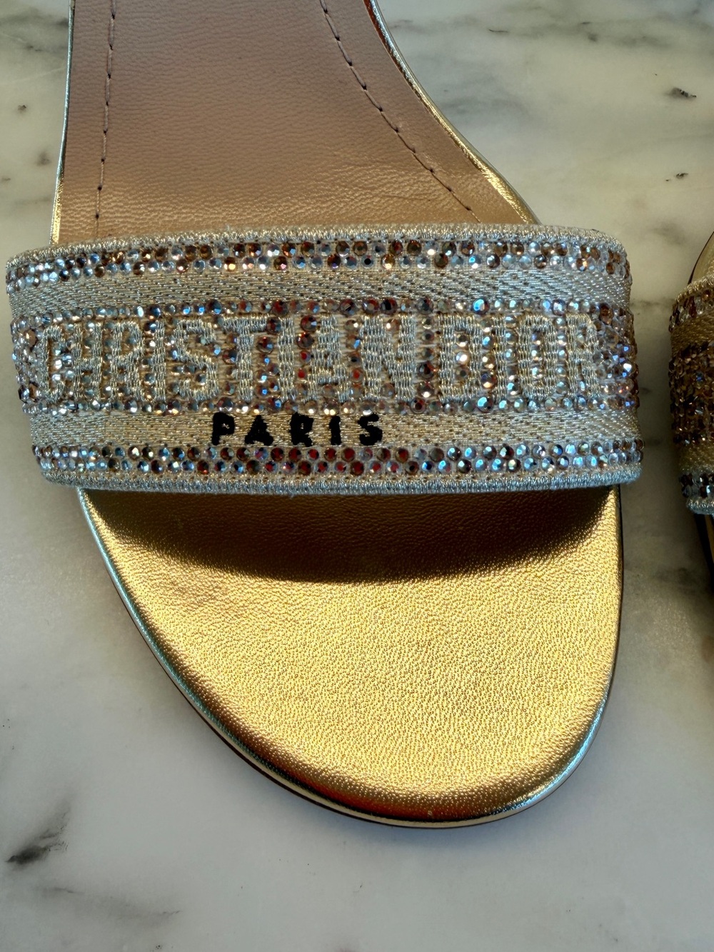Christian Dior Gold Crystal Embellished Ankle-Strap Sandal. Worn once. - Picture 6 of 16